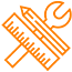 PNG image of tools for construction. orange lining shows wrench, pencil and ruler. clear filling.